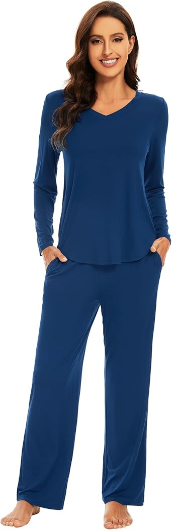 WiWi Pajamas for Women Long Sleeve Cooling Sleepwear Pants Set Super Soft Pj Viscose from Bamboo Loungewear Sets S-XXL