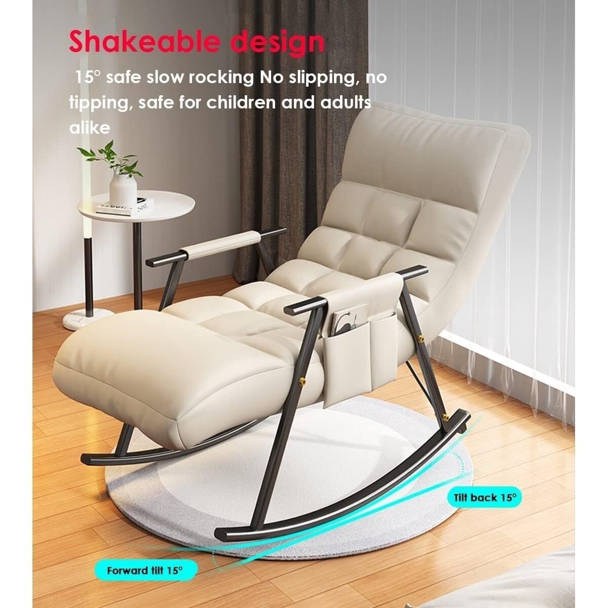 Mecedora Sala De Estar Dormitorio Sillón Sillón Reclinable Sillas Ocasionales Cómoda Silla Decorativa, Mecedora Moderna con Bolsillos Laterales (Beige)