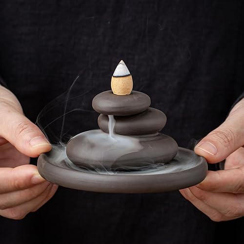 Miniatura 2 de OwMell Balanced Stones Cairn - Soporte para incienso de reflujo de cerámica, piedra zen apilada, quemador de incienso de cascada para decoración del