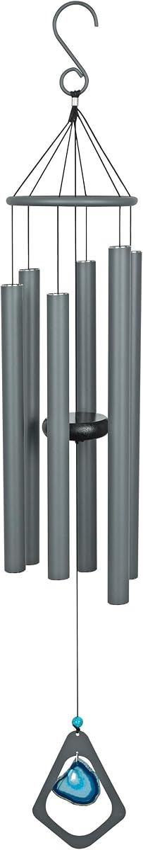 Alpine Corporation 39" Aluminum Tuned Wind Chimes with Blue Gemstone Windcatcher, Gray
