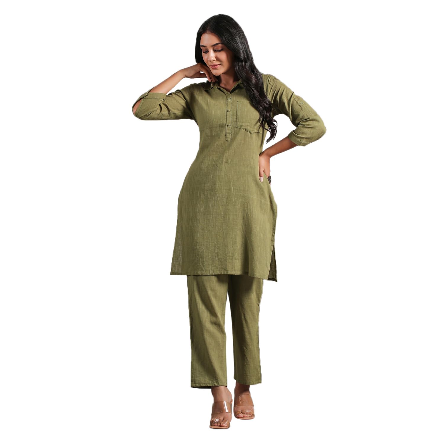 Anubhutee Women's Pure Cotton Solid Olive Kurta Suit Set With Trousers