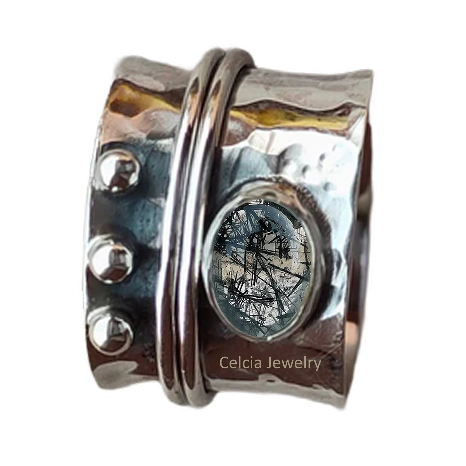Anillo giratorio de meditación de plata de ley 925 con cuarzo rutilado negro para mujer y hombre (talla 7 de EE. UU.)