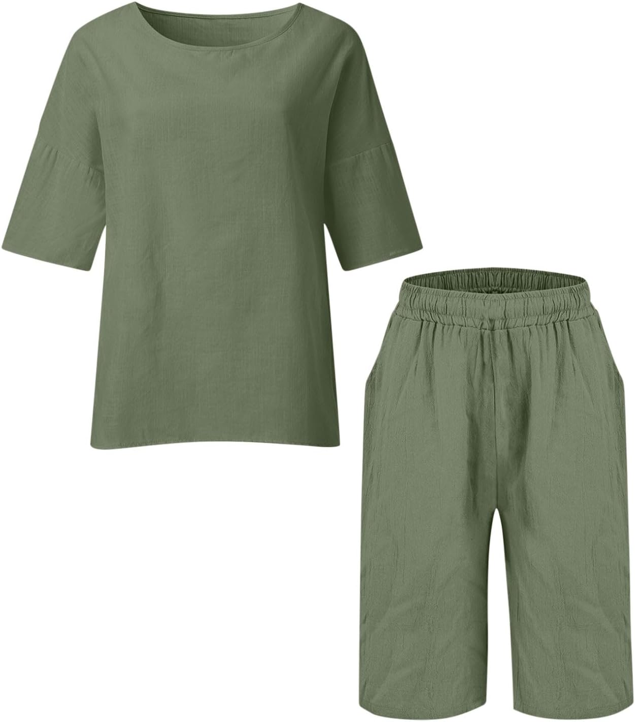 Womens Plus Size Capri Sets 2 Piece Outfits Summer Cotton Linen 3/4 Sleeve Side Slit Tops Cropped Pants with Pockets - Image 4