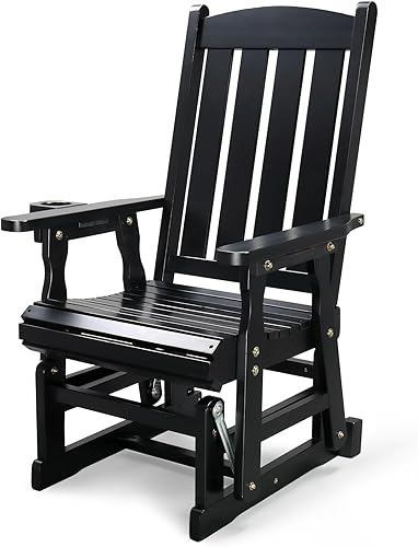 VINGLI Planeador de madera para patio, resistente de 600 libras para exteriores con portavasos, banco de madera individual con respaldo alto para