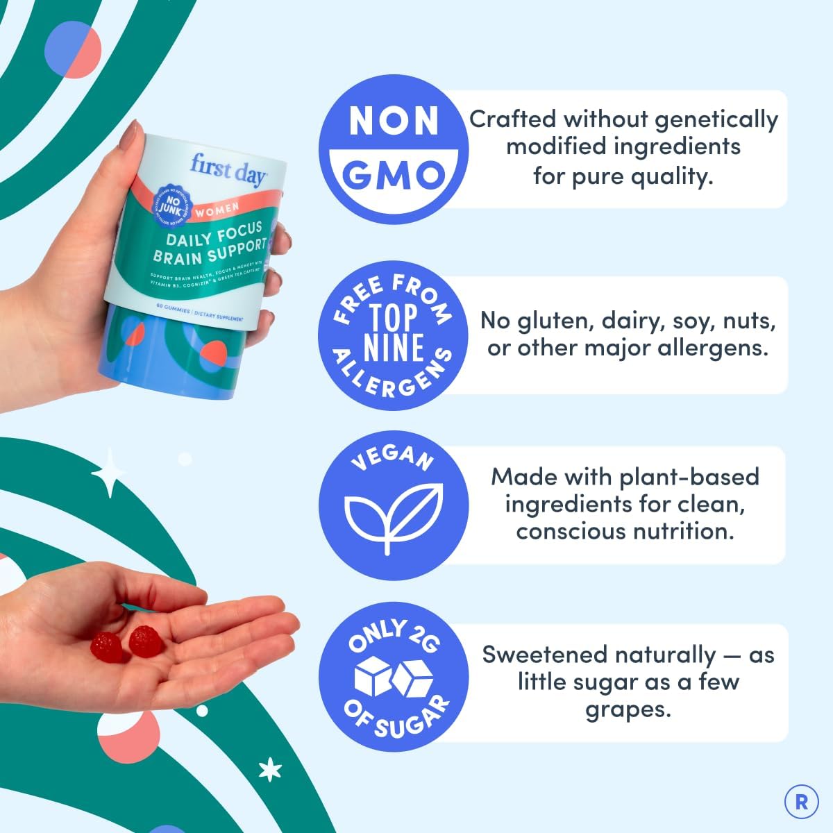 FIRST DAY Women’s Brain Gummies for Focus, Memory & Clarity | Cognizin® Citicoline + Phosphatidylserine | Natural Sustained Energy, Peach Flavor, Vegan, Non-GMO | 30-Day Supply - Image 7