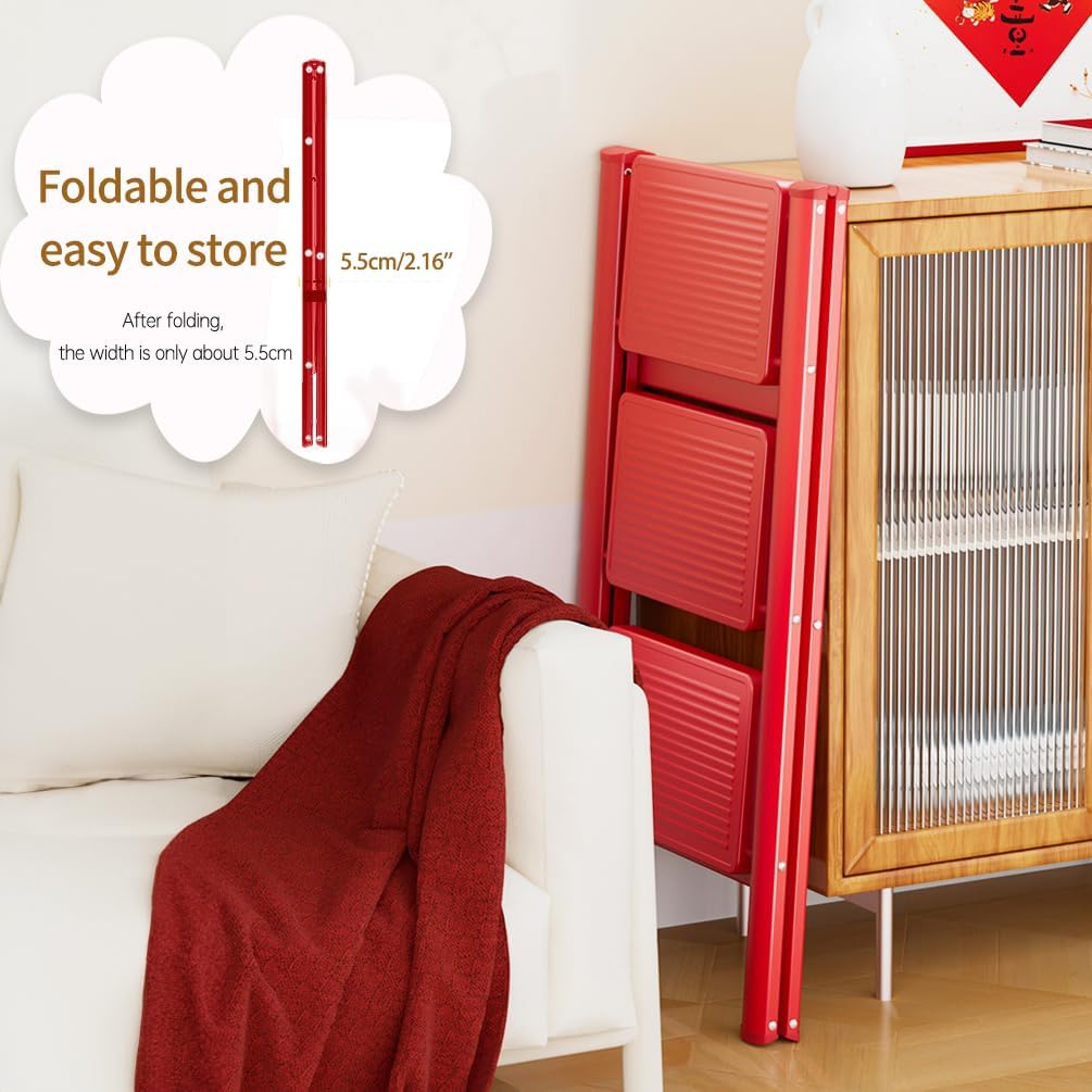 BAOYOUNI 3 Step Ladder Lightweight Folding Step Stool Heavy Duty Stepladder 330lbs Capacity with Anti-Slip Wide Pedal for Household, Office, Garage, Garden, Painting - Red