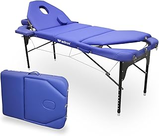 Camilla Plegable de Aluminio WELLCORE, con Doble respaldo abatible, 185 x 65 cm, Polipiel, Altura Regulable, Cabezal articulado, Agujero Facial, Color Azul, Mochila de transporte, Hasta 225 kg