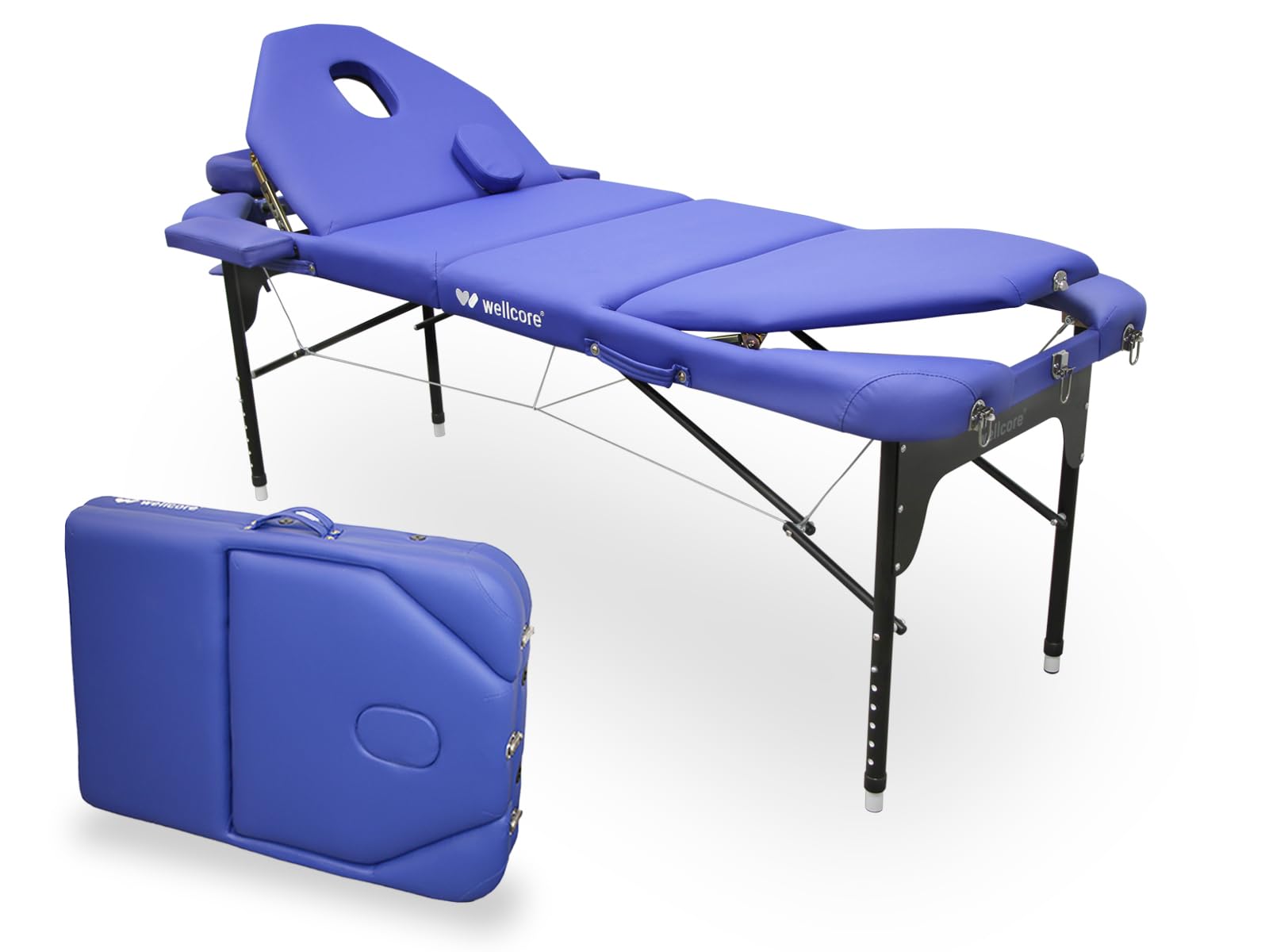 Camilla Plegable de Aluminio WELLCORE, con Doble respaldo abatible, 185 x 65 cm, Polipiel, Altura Regulable, Cabezal articulado, Agujero Facial, Color Azul, Mochila de transporte, Hasta 225 kg