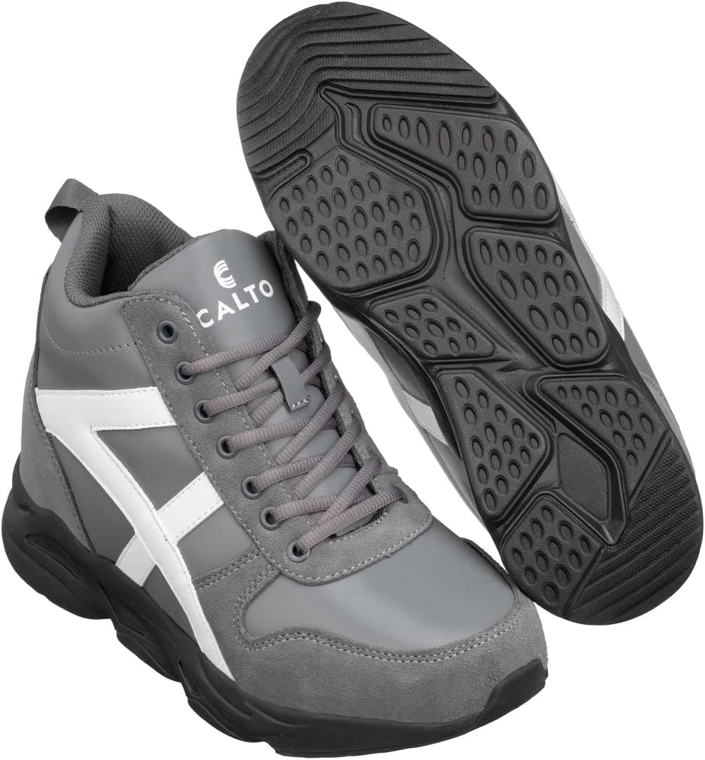 CALTO Men's Invisible Height Increasing Elevator Shoes - Grey/White Lace-up High-Top Hiking Style Sneaker Boots - 3.6 Inches Taller - S22781 - Size 10 D(M) US - Image 5