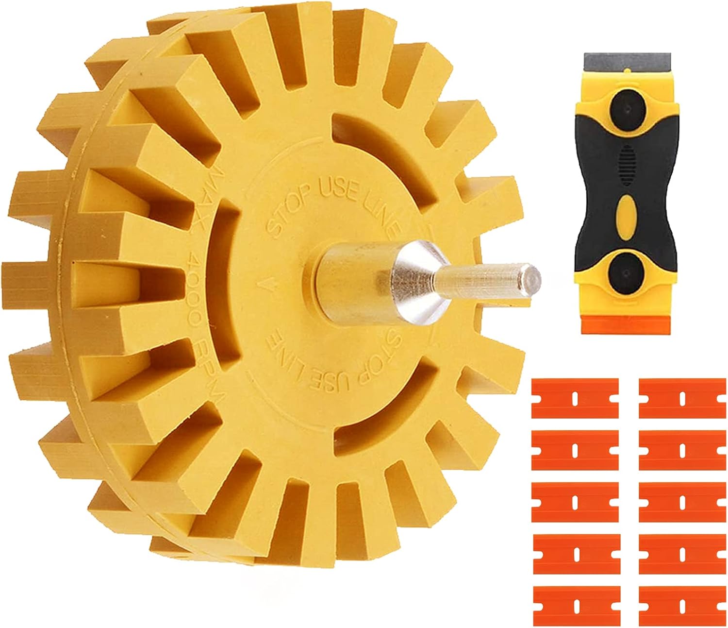 FONSWEA 12Pcs Eraser Wheel Decal Remover, 4 inch Adhesive Sticker and Vinyl Remover with Plastic Razor Blades and Drill Adapter, Rubber Wheel Removal Tool for Cars, Boats, Rvs - - 