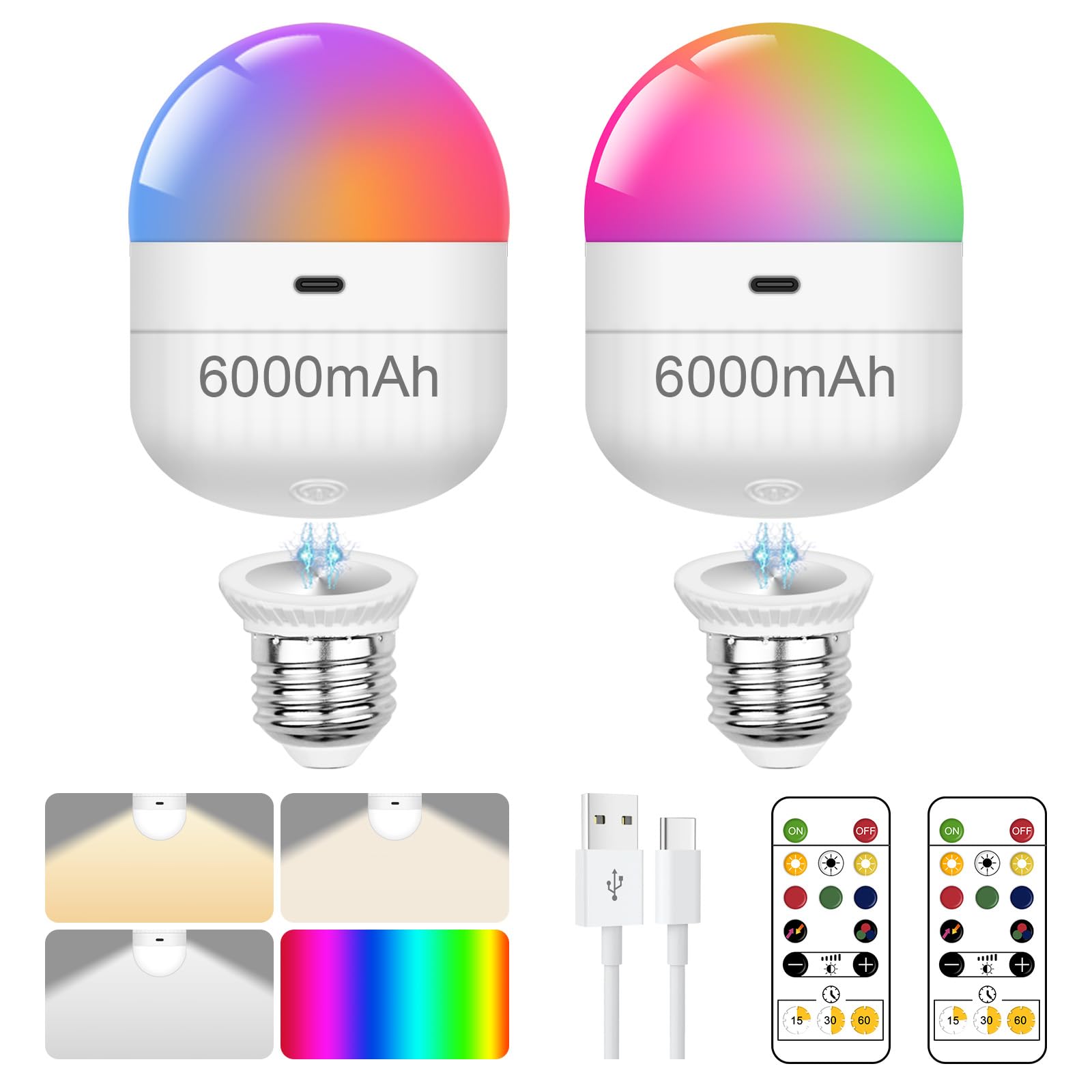 ZHENMING 2 Packs USB Rechargeable Light Bulb with Remote, Dimmable 5W Magnetic Battery Operated Bulbs Timer and 3 Color Temperatures, Charging LED Bulb for Non Hardwired Lamps, Wall Sconce,2 Pcs