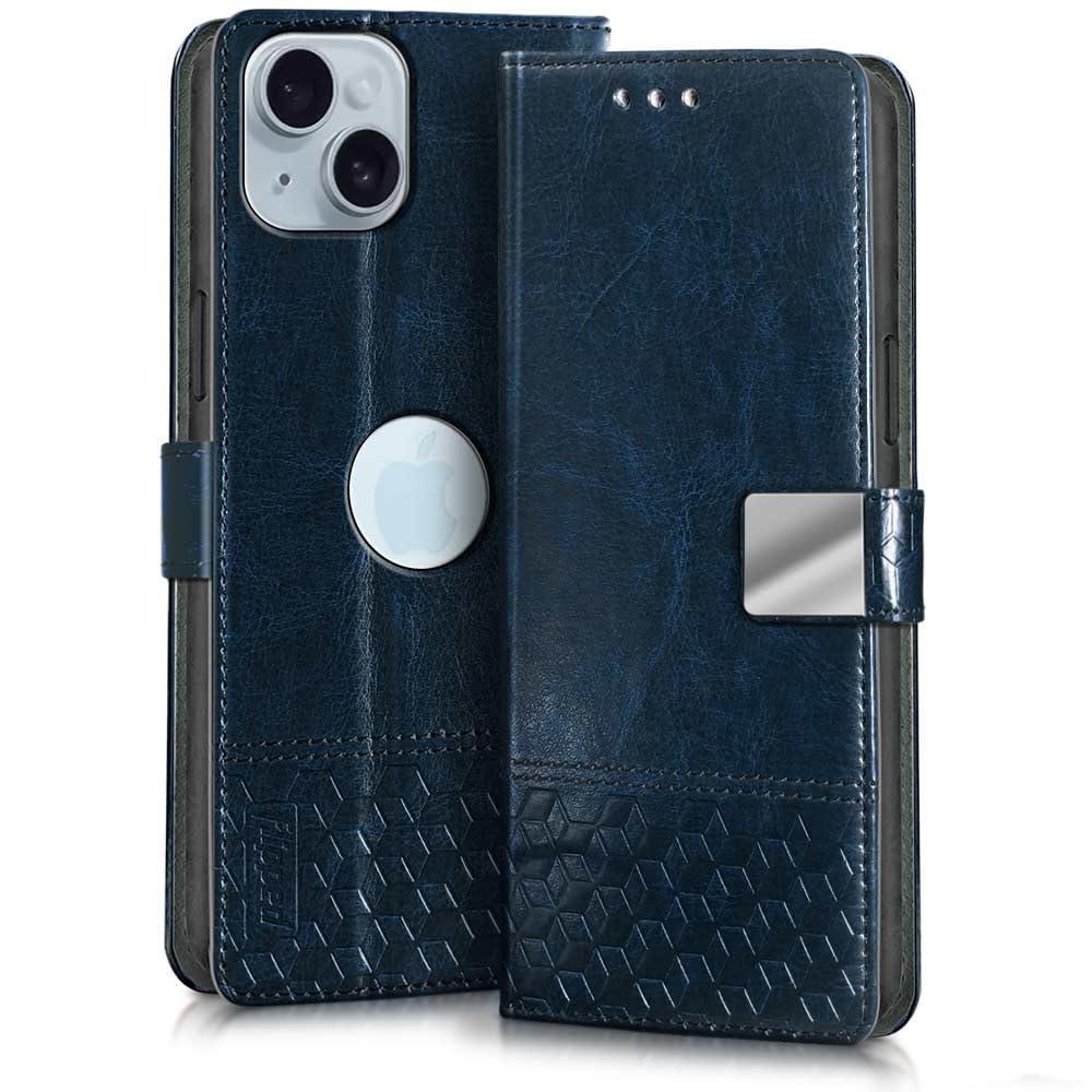 FLIPPED Hand Stitched Honeycomb Dual Design Back Flip Cover Case for Apple iPhone 15 Plus (Shock Proof | Leather Finish | Wallet Case Card Holders & Stand) - Tanned Blue (B0CK1FPVSV) Amazon Price History, Amazon Price Tracker
