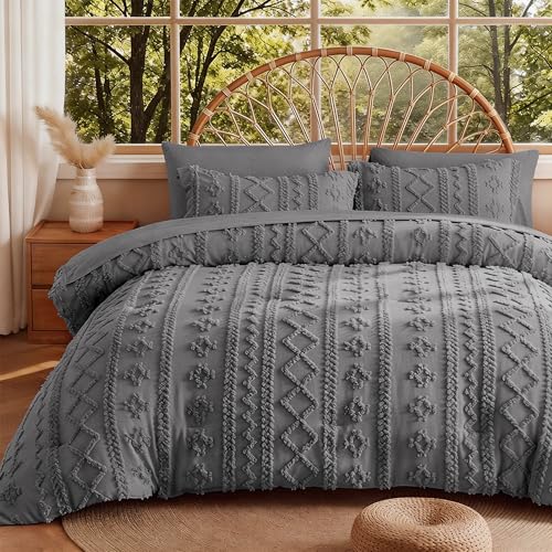 Image of MR&HM Full Size Bed Sheets and Comforter Set Dark Grey, 7 Pieces Tufted Boho Beddding Sets, Farmhouse Style Bed in a Bag with 1 Comforter, 2 Pillow Shams, 2 Pillowcases, 1 Flat Sheet, 1 Fitted Sheet