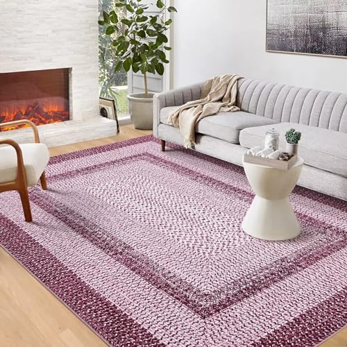 GAOMON Area Rug - 4x6 Modern Braided Print Washable Non-Slip Non-Shedding Low Pile Foldable Thin Pink Rug for Entryway, Living Room, Bedroom, Home Office