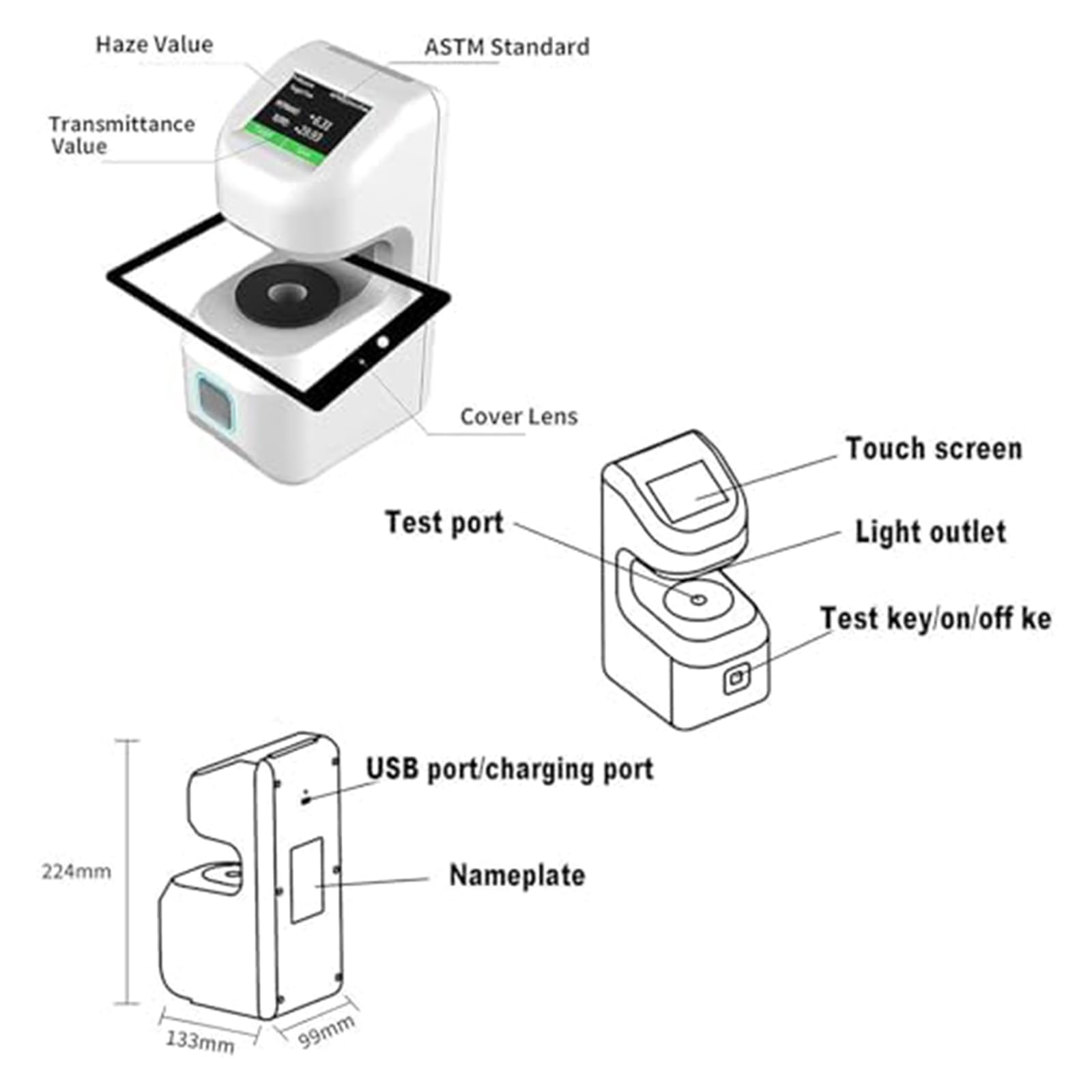 Haze Meter portatile, tester di trasmissione della luce, gamma 0-100%, touchscreen, per standard ASTM/ISO, adatto per film sottili, vetro e piastre di diffusione