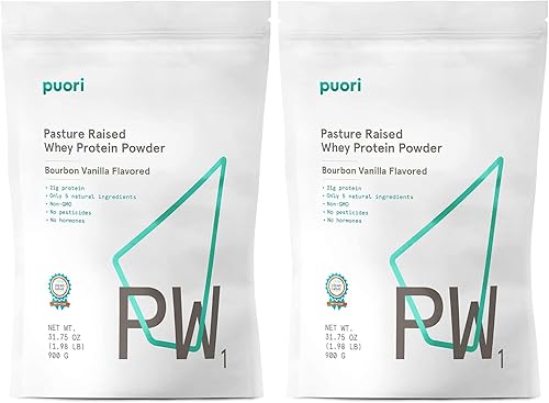 Puori Proteína de suero en polvo - Vainilla bourbon - PW1 criado en pasto alimentado con pasto y sin OMG - 100 natural y puro para el crecimiento