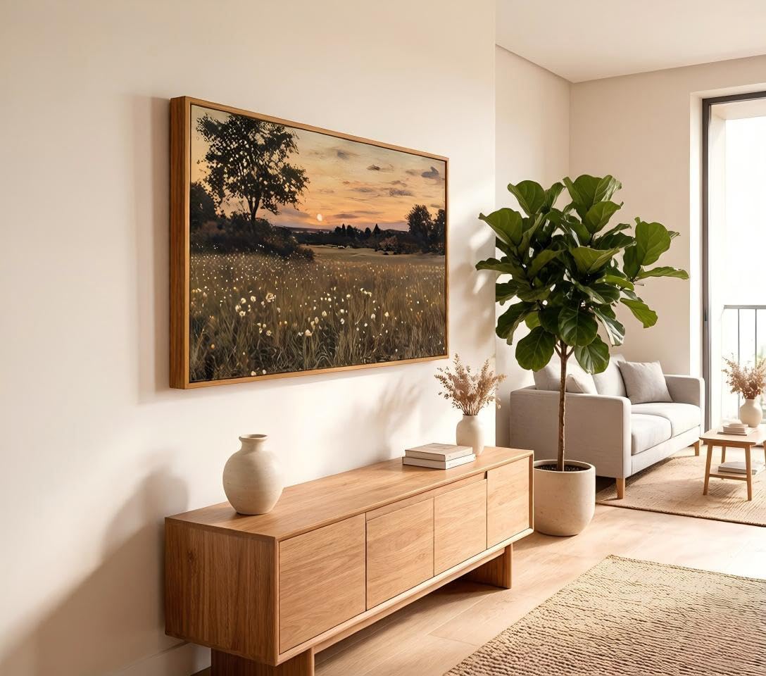 Framed Rustic Farmhouse Wildflowers Wall Art Vintage Wildflower Field Landscape Painting Retro Country Sunset Prints Wall Decor Classical Flower Landscape Painting for Living Room Bedroom 12x16 Inch