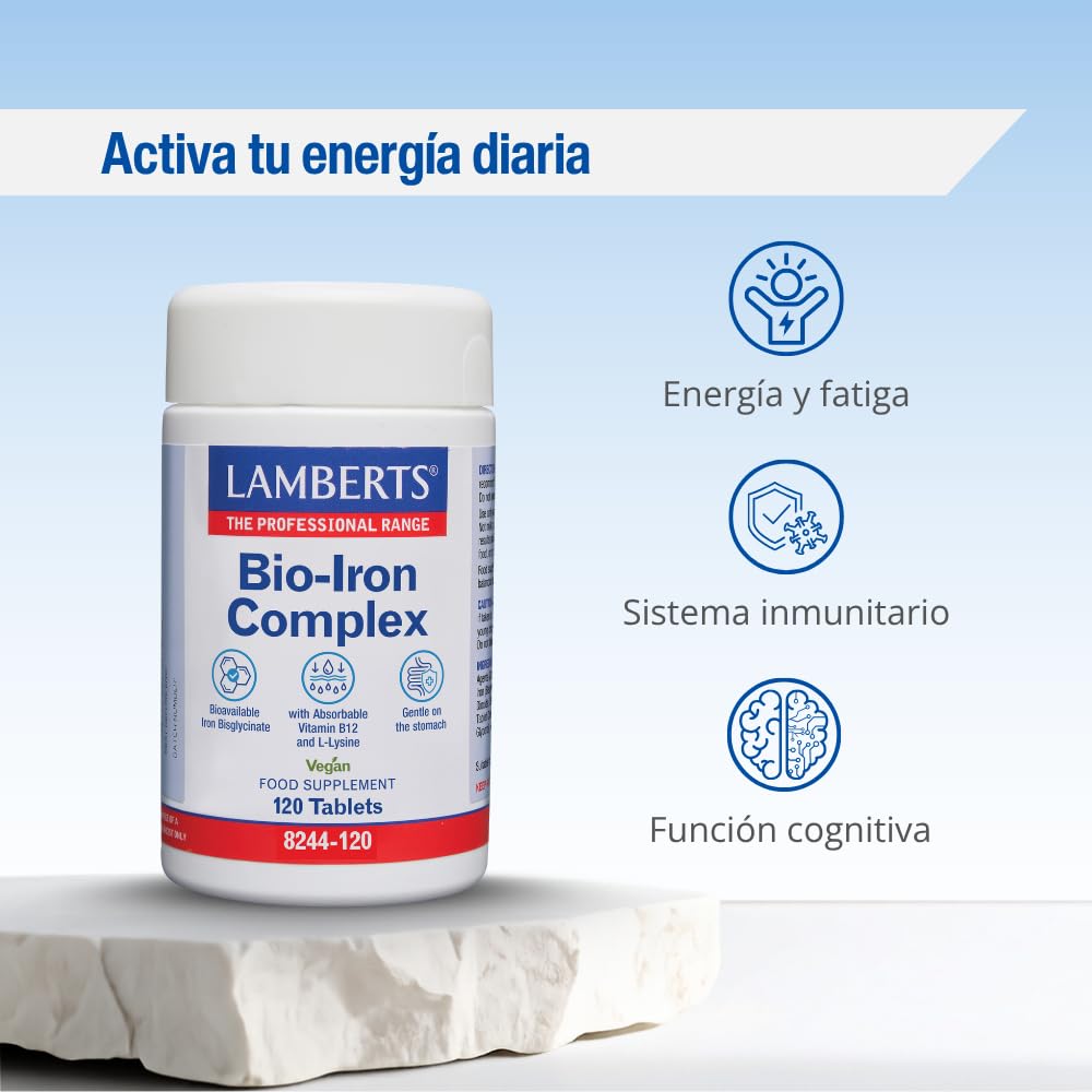 Lamberts Bio-Iron Complex | 120 Tabletas | Apto para Veganos | Sin Gluten | Hierro Bisglicinato 20 mg | B12 Metilcobalamina 250 µg | L-Lisina 1000 mg | Suave Estómago | Calidad Farmacéutica GMP