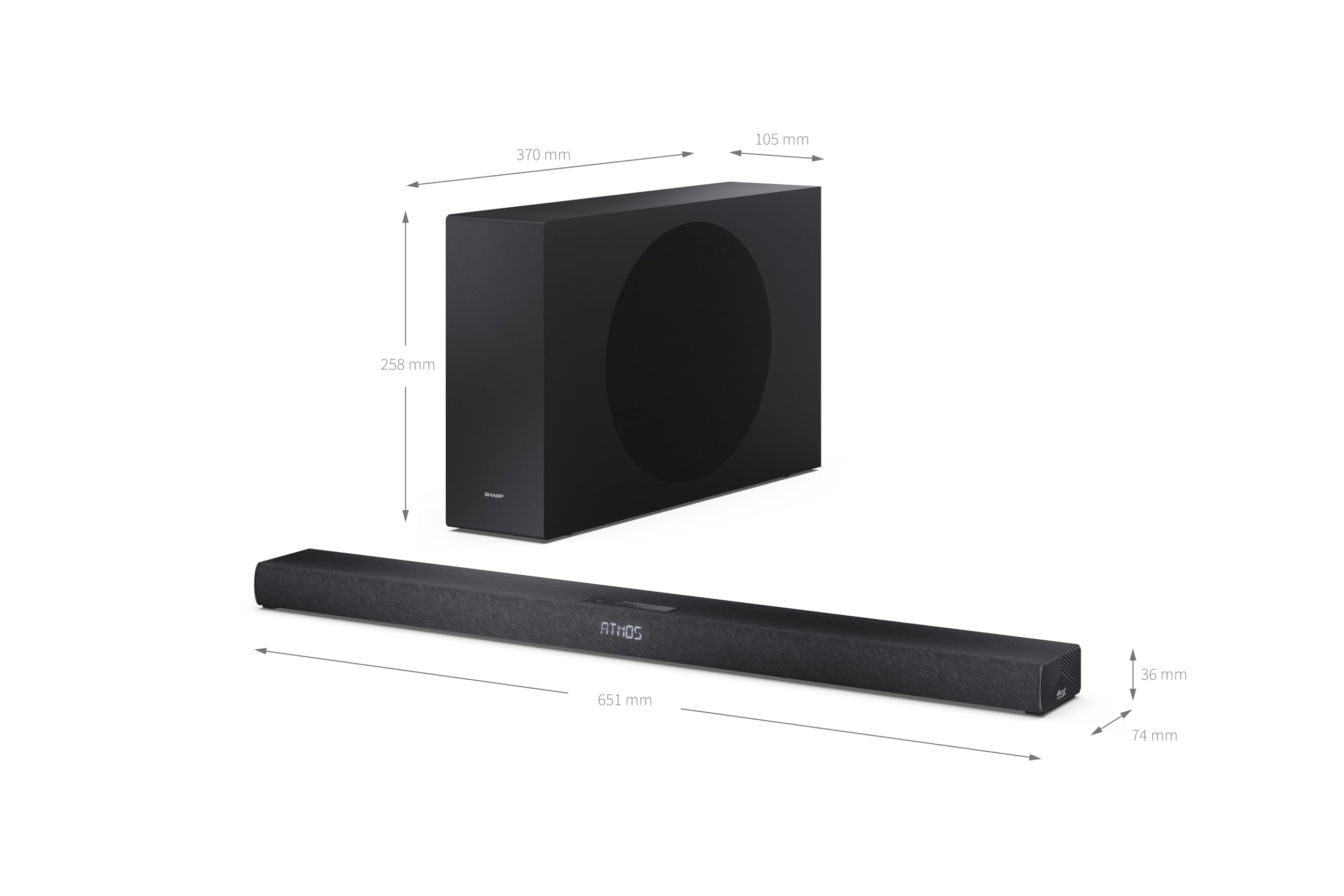 SHARP HT-SBW320 - Soundbar a 2.1 canali, ultra slim con subwoofer wireless, compatibile ROKU, max. 360 W, Dolby Atmos, DTS Virtual:X, HDMI eARC, Bluetooth 5.3, riproduzione USB, montaggio a parete