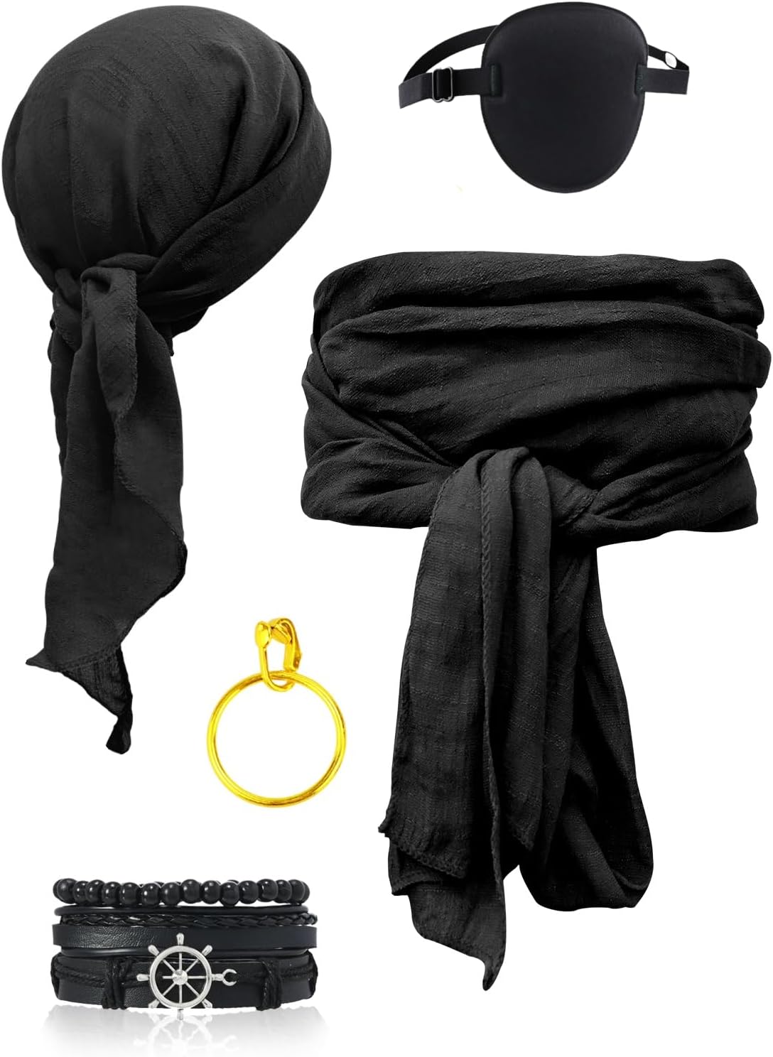 Verceco Men Pirate Costume Accessories Set for Women Bandana Headband Head Scarf Sash Belt Pirate Jewelry 5pcs