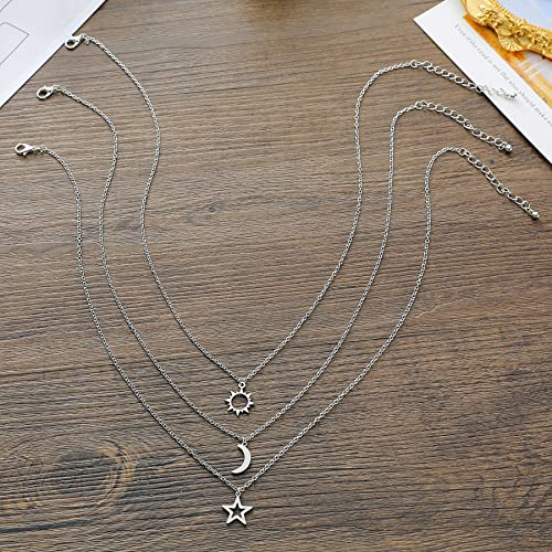 Image of COLORFUL BLING Stainless Steel Sun and Moon Star Necklace 3 Best Friend Friendship Sister Set for Women Mom Daughter BFF Jewelry Gifts