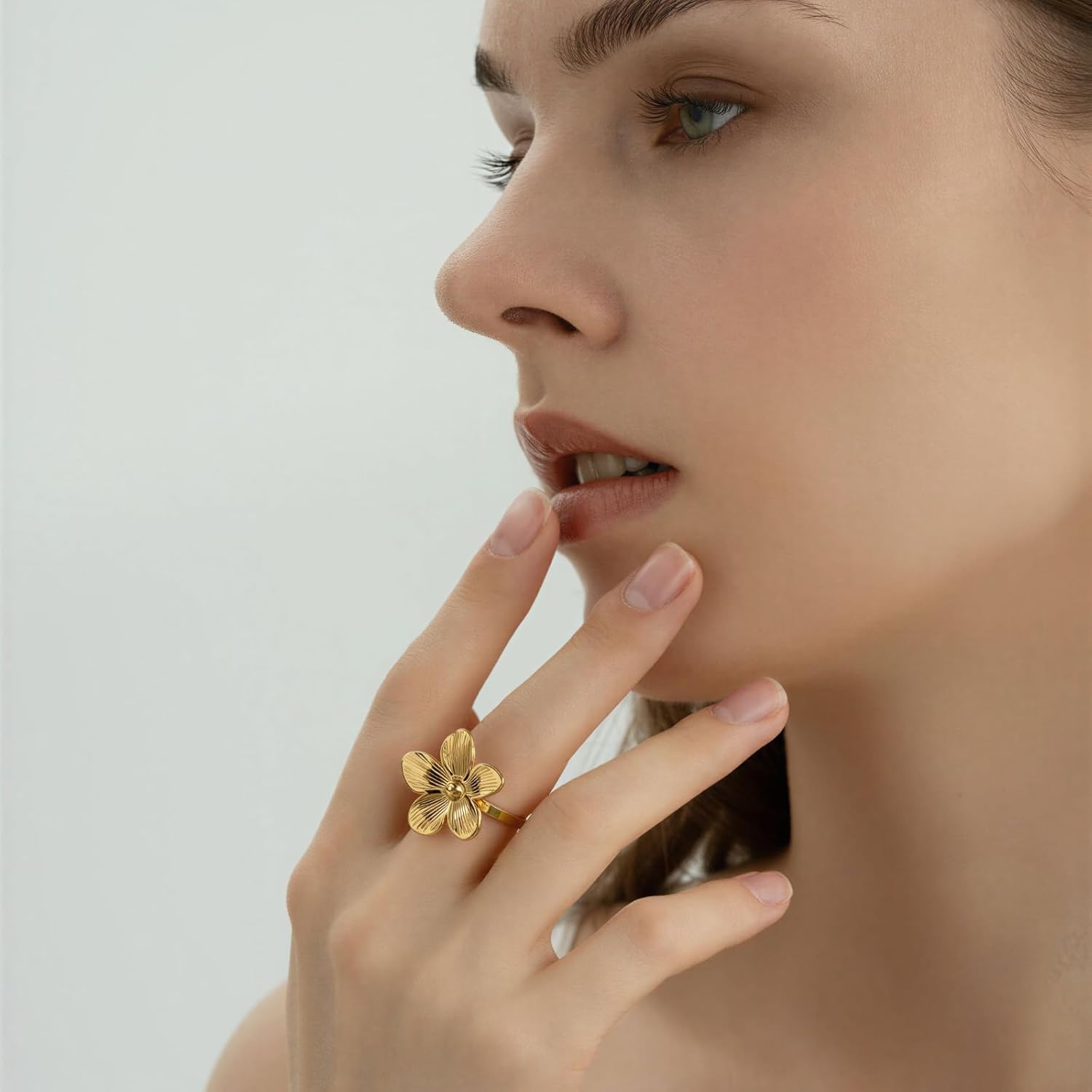14K Gold Plated Surgical Hypoallergenic Stainless Steel Dainty Flower Ring for Women