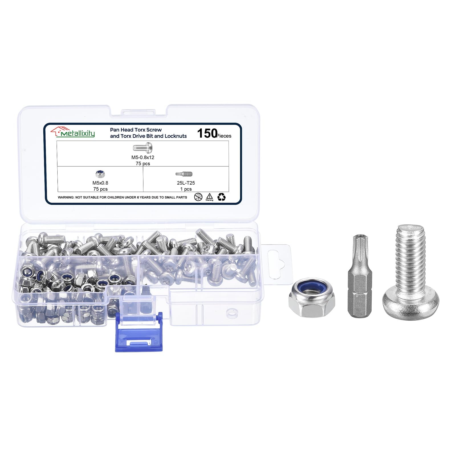 METALLIXITY Pan Head Torx Screws (M5-0.8x12mm) 150pcs with Locknuts and Torx Drive Bit Kit, Button Head Machine Screws