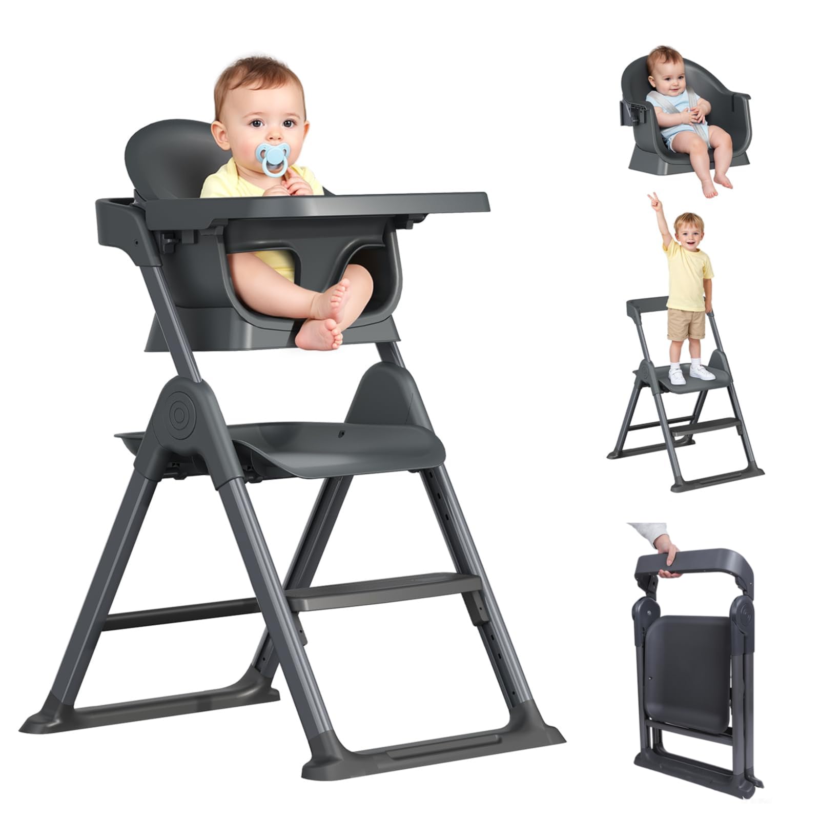 6 in 1 Convertible Baby HighChairs & Step Stool, Foldable High Chairs for Babies and Toddlers, Portable Booster Seat for Dining, Folding Toddler Tower