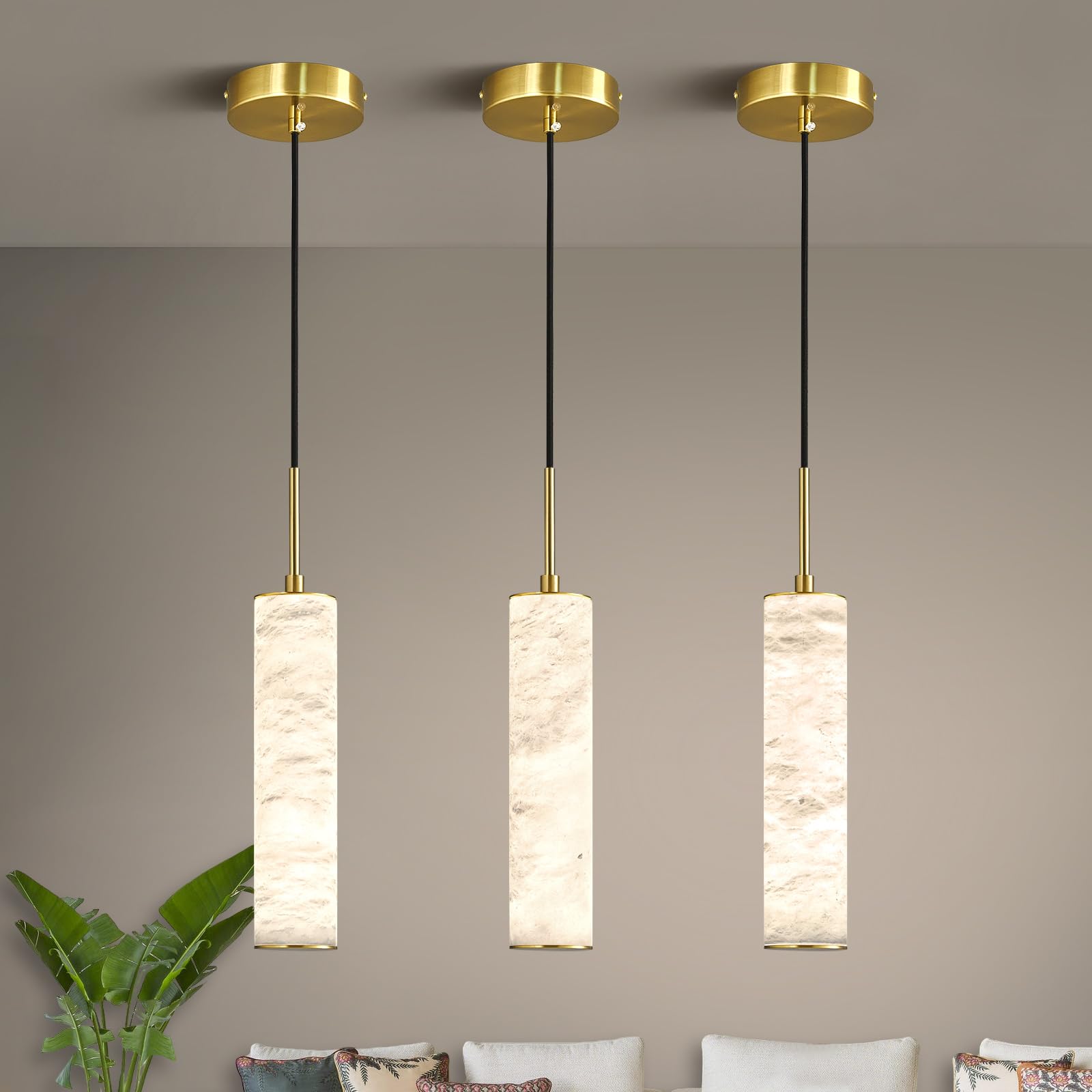 LMQNINE Natural Alabaster Pendant Lights for Kitchen Island White Marble Long Tube Chandelier Modern Gold Ceiling Light Fixtures for Bedroom Dining Room Table Living Room Hallway(S-3Pack)