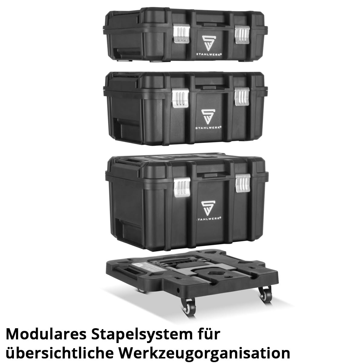 STAHLWERK Chariot à outils avec trois boîtes – chariot à outils mobile avec poignée télescopique, verrous métalliques et grand espace de rangement, système de rangement flexible pour atelier, garage