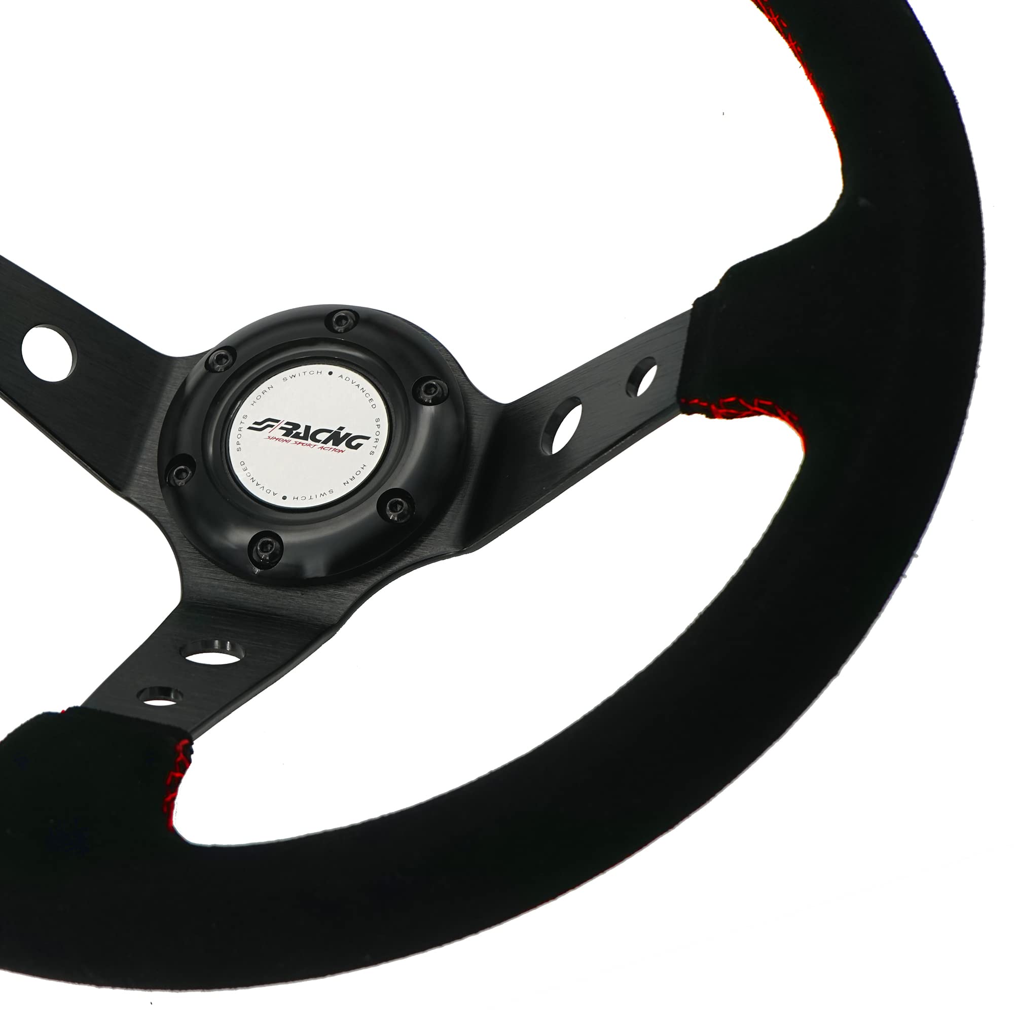 Simoni Racing Volant Universel Pitlane - Suède Noir + Couture Rouge - Diamètre 350mm