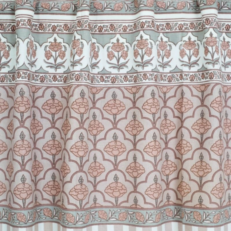 Image of Peepul Tree Pure Cotton Door Curtain in Dusty Pink and Off White with Ornate Florals and Bold Stripes| Set of 1 | 7 ft | Semi Blackout with 70% Light Blocking | Royal Courtyards Collection