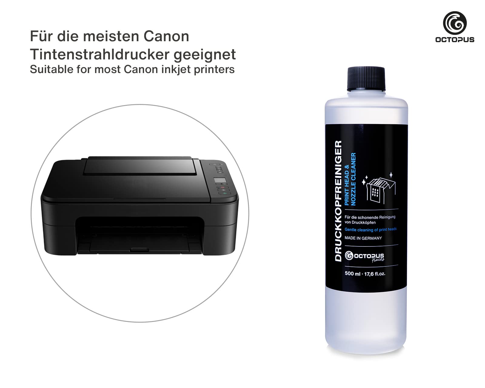 Octopus Limpiador de boquillas, Limpiador de Cabezales de impresión Compatible con los Cabezales de impresión Canon Pixma con adaptadores de Manguera (500 ml)