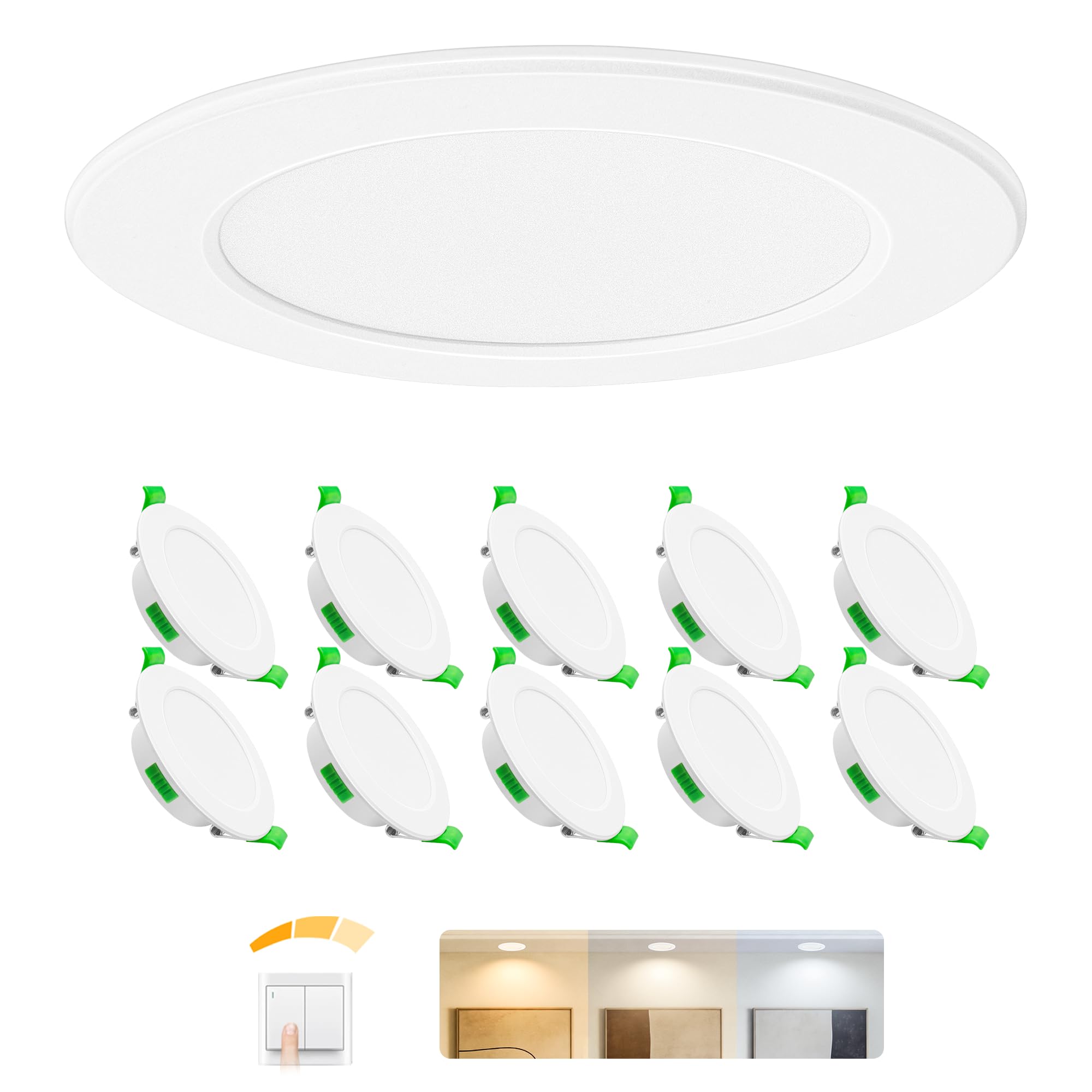 Juego de 10 focos LED empotrables blancos de 230 V - Focos de techo extra planos IP44 - Ø 75-90 mm, 6W, 600lm, 2700 K/4000 K/6000 K - Iluminación LED para baño, salón y cocina CAW