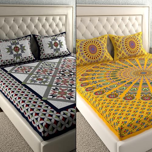 Image of LA VERNE Combo Pack of 2 Double Bedsheet with 4 Pillow Covers | Cotton Double Flat 104 TC Geometric Bedsheet 240 X 220 CM