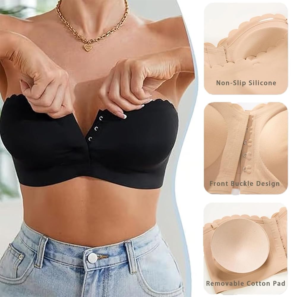 Surpassdo Seamless Front Closure Strapless Bandeau Bra, Non-Slip Ultimate Wavy Edge Comfort Support Bralette