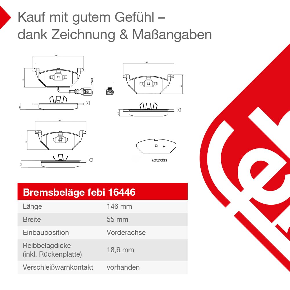 Zestaw Klocków Hamulcowych FEBI BILSTEIN 16446 przód | Kompatybilny z: AUDI A2, A3, A3, A3 Cabriolet, A3 Sportback, SEAT ALTEA, ALTEA XL, LEON, LEON, TOLEDO II, TOLEDO III
