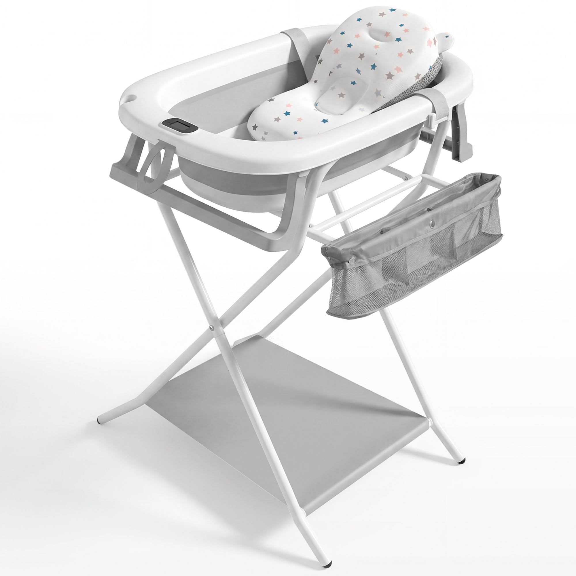 JUPPLIES Vaschetta Bagnetto Neonato Pieghevole con Cuscino Ergonomico e Termometro Digitale – Vasca Bagnetto Neonato Salvaspazio Antiscivolo – Facile da Riporre (Grigio, Con Supporto)