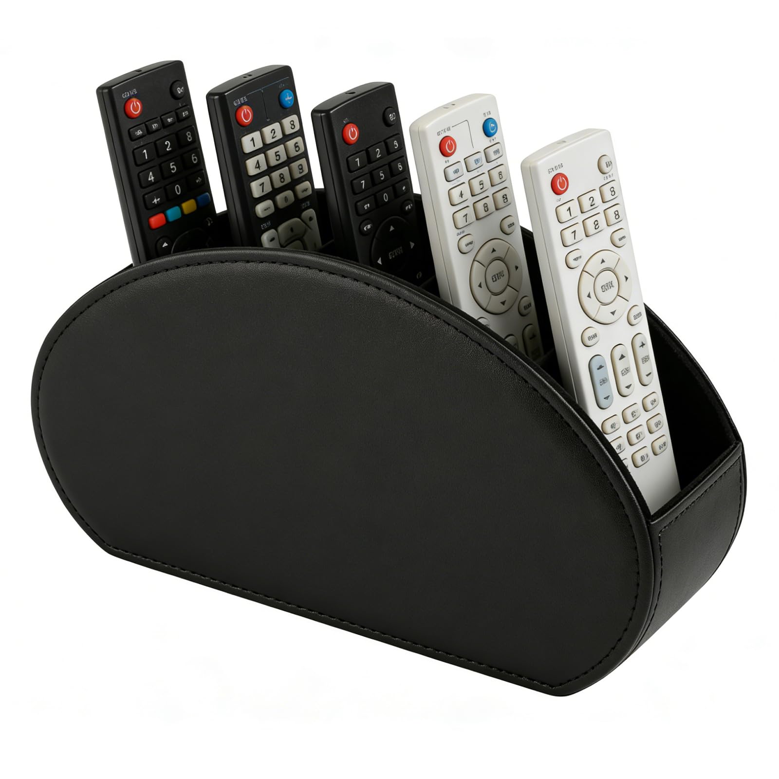 XNONE Remote Control Holder with 5 Compartments, PU Leather Multi-Functional Desk Organizer for TV Remote, Office Supplies, Makeup Brushes, Pen, Stationery Storage Caddy, Black
