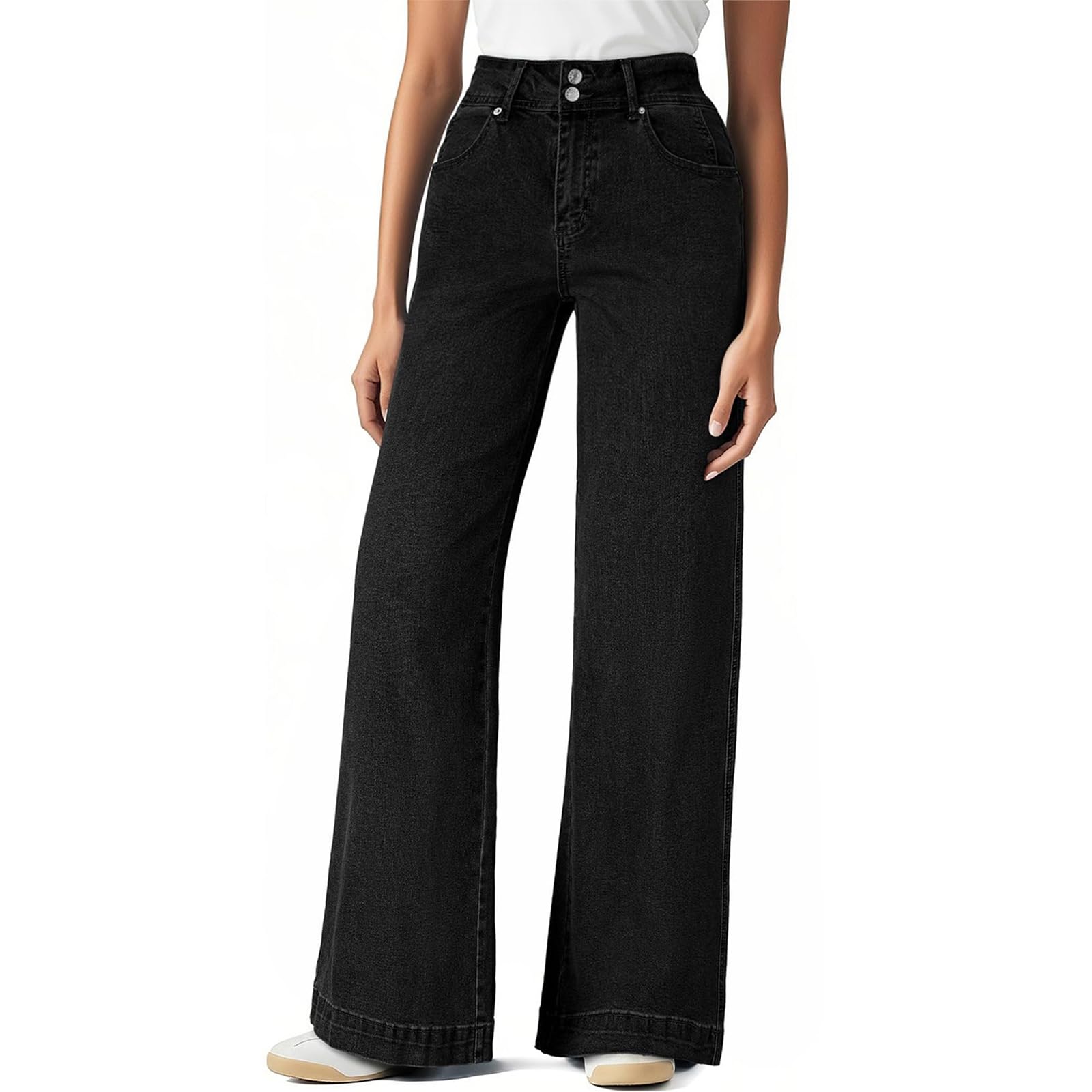 FlekmanArt Wide Leg Jeans for Women Casual High Waisted Strechy Straight Leg Trousers Loose Tummy Control Denim Pants