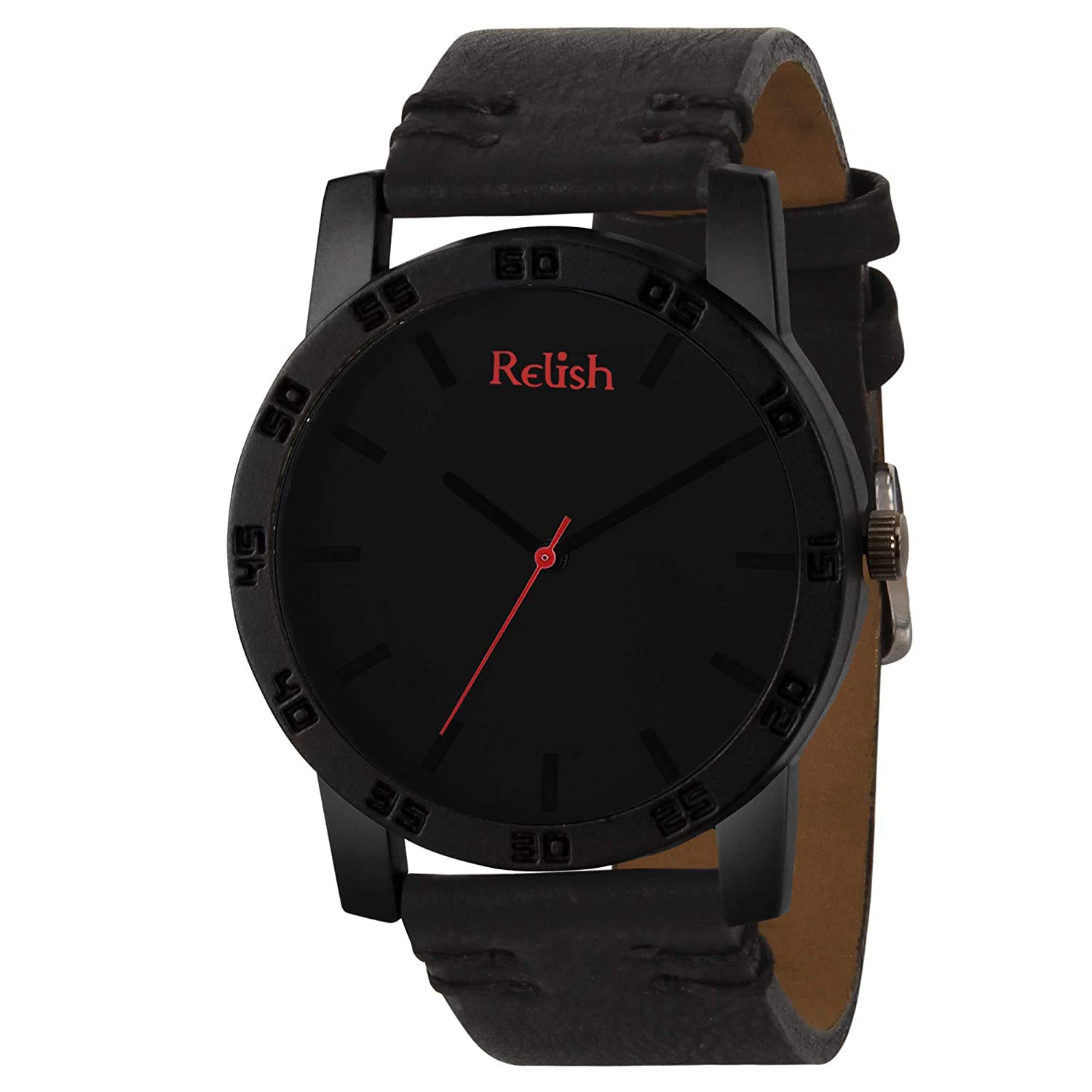 Relish Mens Black Stainless Steel Case Leather Strap Analog Display Quartz Watch | Dark Series (Black Strap) (B08R415QYL) Amazon Price History, Amazon Price Tracker