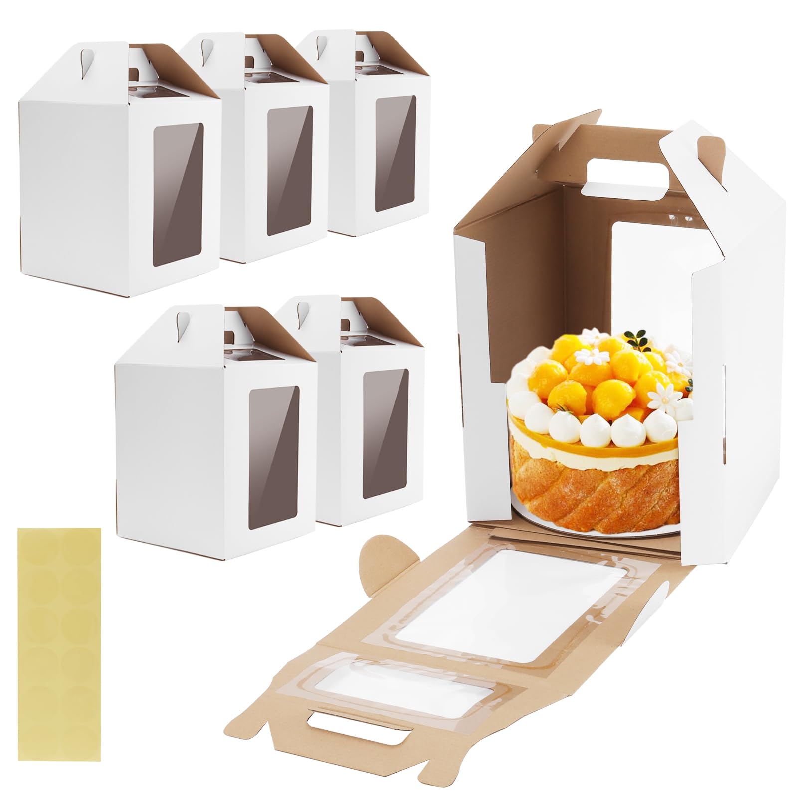 SINJEUN 6 Pack Tall Cake Box with Handle, 10x10x12 Inch Tall Carrier with Window Cake Boxes with 6 Cake Boards Bakery Box for Tiered Birthday Cakes