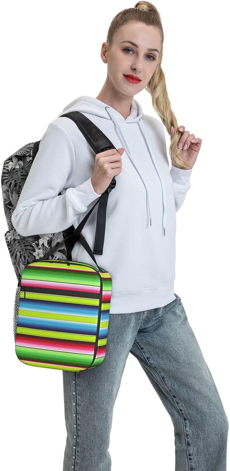SUNNYEE Lime Green Mexican Stripes Lunch Box Insulated Lunch Bags Reusable Picnic Bag Meal Tote Bag Portable Bento Container with Detachable Handle Lunchbox for Gym Office Hiking