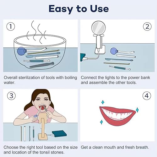 Miniatura 5 de Kit de eliminación de piedras de amígdala, paquete de 10 unidades de herramienta de ahuecamiento de piedra amígdala al vacío con espejo de aumento