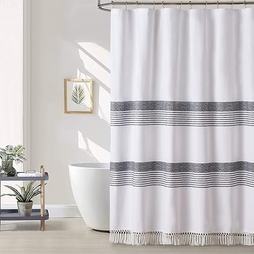 Miniatura 2 de Artisyne Cortina de ducha moderna blanca con borlas, rayas negras carbón simple en tela blanca, cortina de ducha de lujo 100% algodón, decoración de