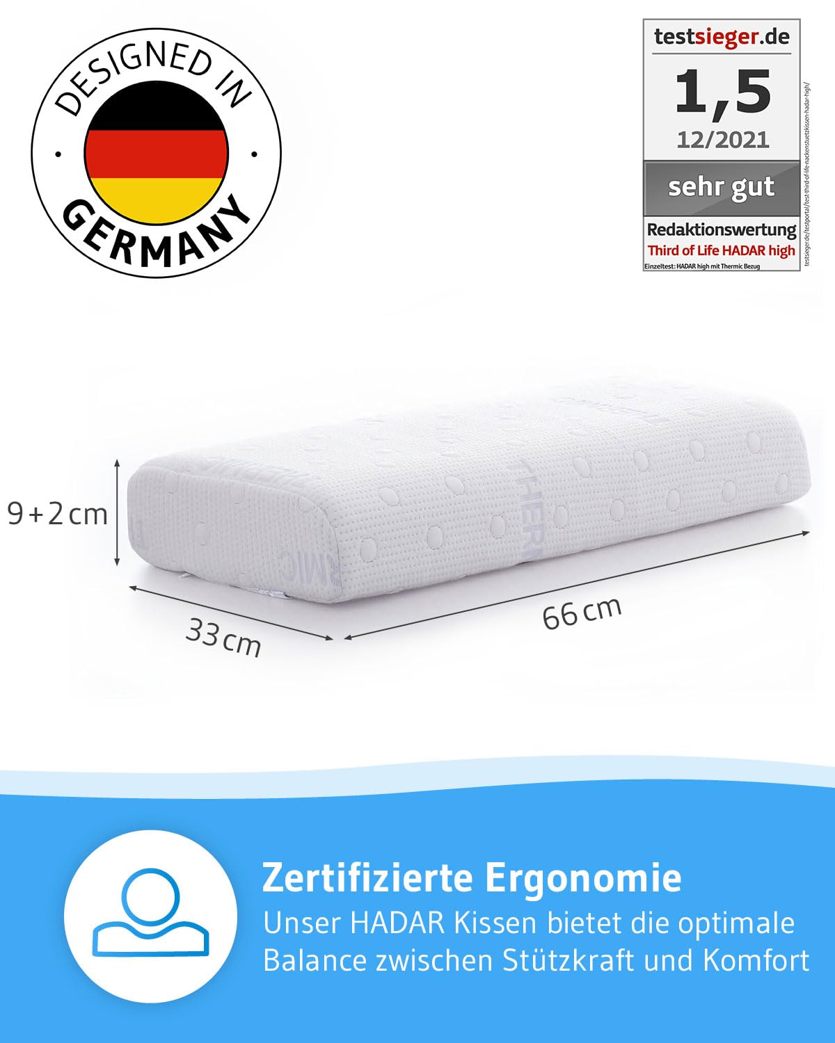 Third of Life Kopfkissen 40x80 HADAR, Höhenverstellbar, Hochwertiger Memory-Foam für die HWS, Nackenstütz-Kissen mit thermoregulierendem Bezug, Ergonomisches HWS-Nackenkissen, Passt in 40x80 Bezug