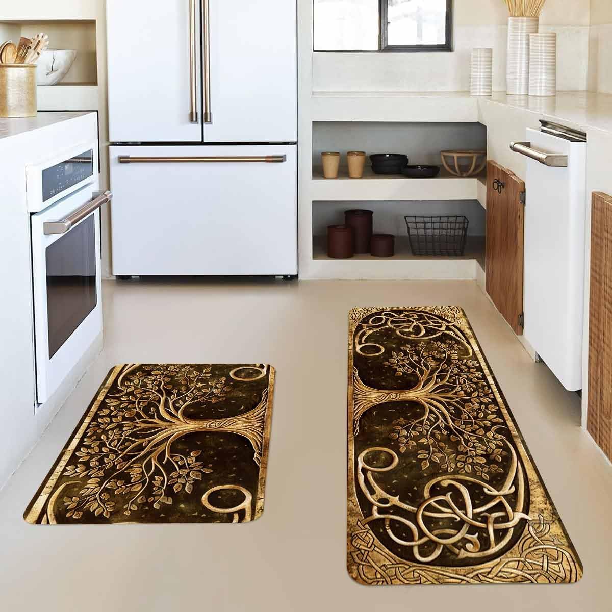 Tree of Life Kitchen Rugs Set of 2 - Non-Slip Cotton Blend Linen Floor Mats(17.7''x29.5''+17.7''x47'') - Kitchen Mats for Home Office Bedroom Bathroom Laundry (Dark Black & Golden)