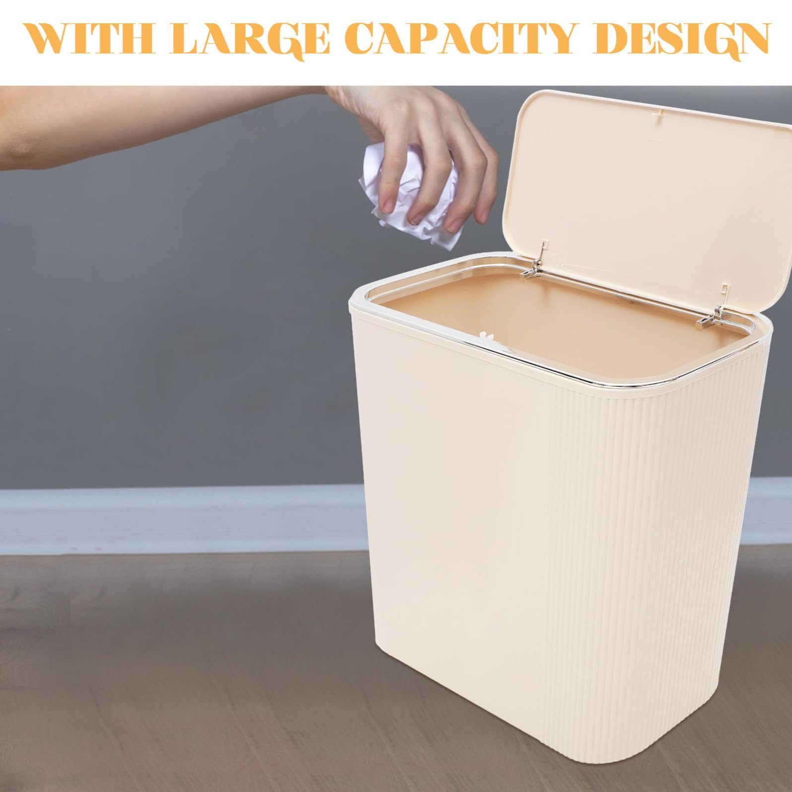 Cestino per Rifiuti in Pet con Coperchio per Ufficio e Camera da Letto, Contenitore Spazzatura Beige Riutilizzabile per Interni