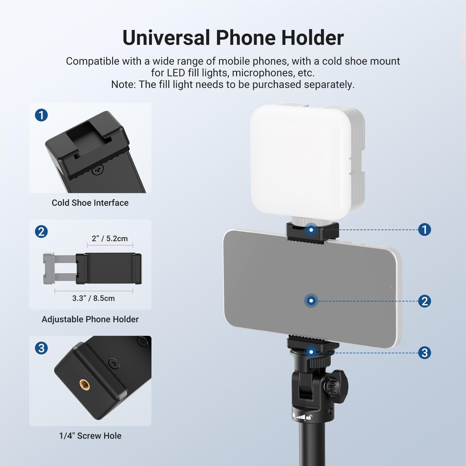 NEEWER BASICS ST012 Stojak na światło ze śrubą 1/4 cala i uchwytem na telefon, regulowany statyw ze stopu aluminium z odłączanymi kółkami do fotografii, oświetlenia wideo, telefonu komórkowego