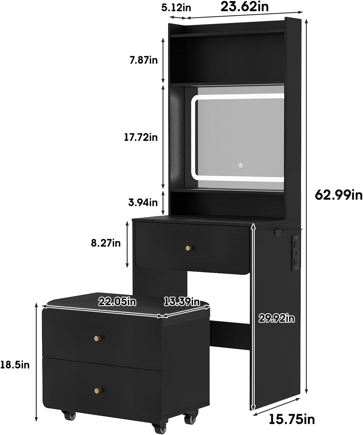 Vabches Make Up Vanity Desk with Mirror and Lights, Black Vanity Table Set with Charger Station,Girls Small Vanity and Storage Chair